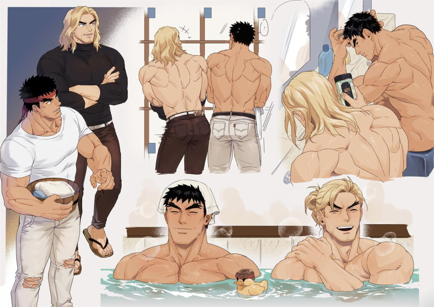 2boys ass bara bathing black_hair blonde_hair collage couple cropped_legs crossed_arms denim forked_eyebrows giving hair_down happy headband jeans ken_masters large_pectorals laughing looking_at_another male_focus mature_male medium_hair multiple_boys muscular muscular_male nude official_alternate_costume pants pectorals profile red_headband relaxing rubber_duck ryu_(street_fighter) shared_bathing shirt short_hair slippers sparse_stubble standing steam street_fighter street_fighter_6 t-shirt thick_eyebrows topless_male towel towel_on_head undressing yaoi yuiofire