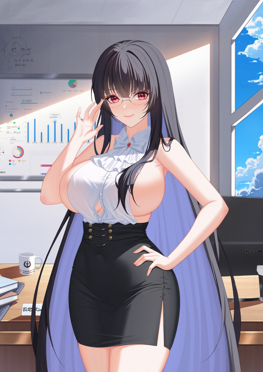 absurdres alvitr_(azur_lane) alvitr_(muspel's_torrid_secrets)_(azur_lane) ascot azur_lane backless_shirt black_hair black_skirt breasts button_gap colored_inner_hair female glasses hair_censor hand_on_own_hip hand_up highres large_breasts long_hair looking_at_viewer multicolored_hair nanqizizhou office_lady official_alternate_costume pencil_skirt revealing_clothes rimless_eyewear shirt sideboob sideless_shirt skirt sleeveless sleeveless_shirt smile solo white_ascot white_shirt