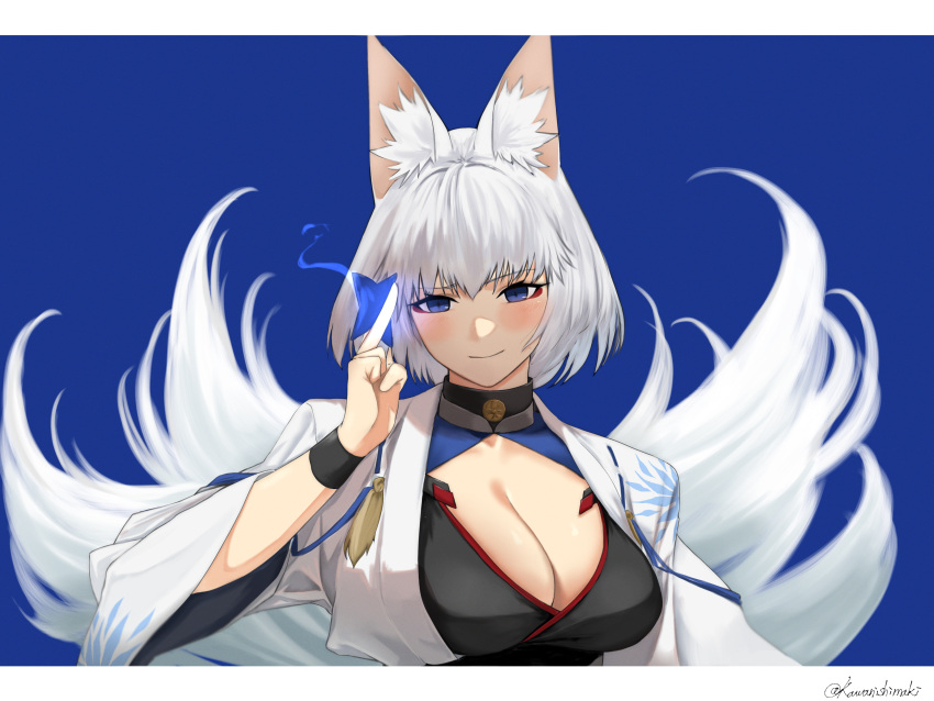 absurdres akizuki_(17769498) animal_ears azur_lane black_wristband blue_background blue_eyes blush breasts cleavage cleavage_cutout clothing_cutout eyeshadow female floral_print fox_ears fox_girl fox_tail hair_between_eyes hand_up happy highres holding_paper_airplane japanese_clothes kaga_(azur_lane) kimono kitsune looking_at_viewer makeup medium_breasts medium_hair multiple_tails print_kimono red_eyeshadow sakura_empire_(emblem) slit_pupils smile solo tail upper_body white_hair white_kimono wide_sleeves