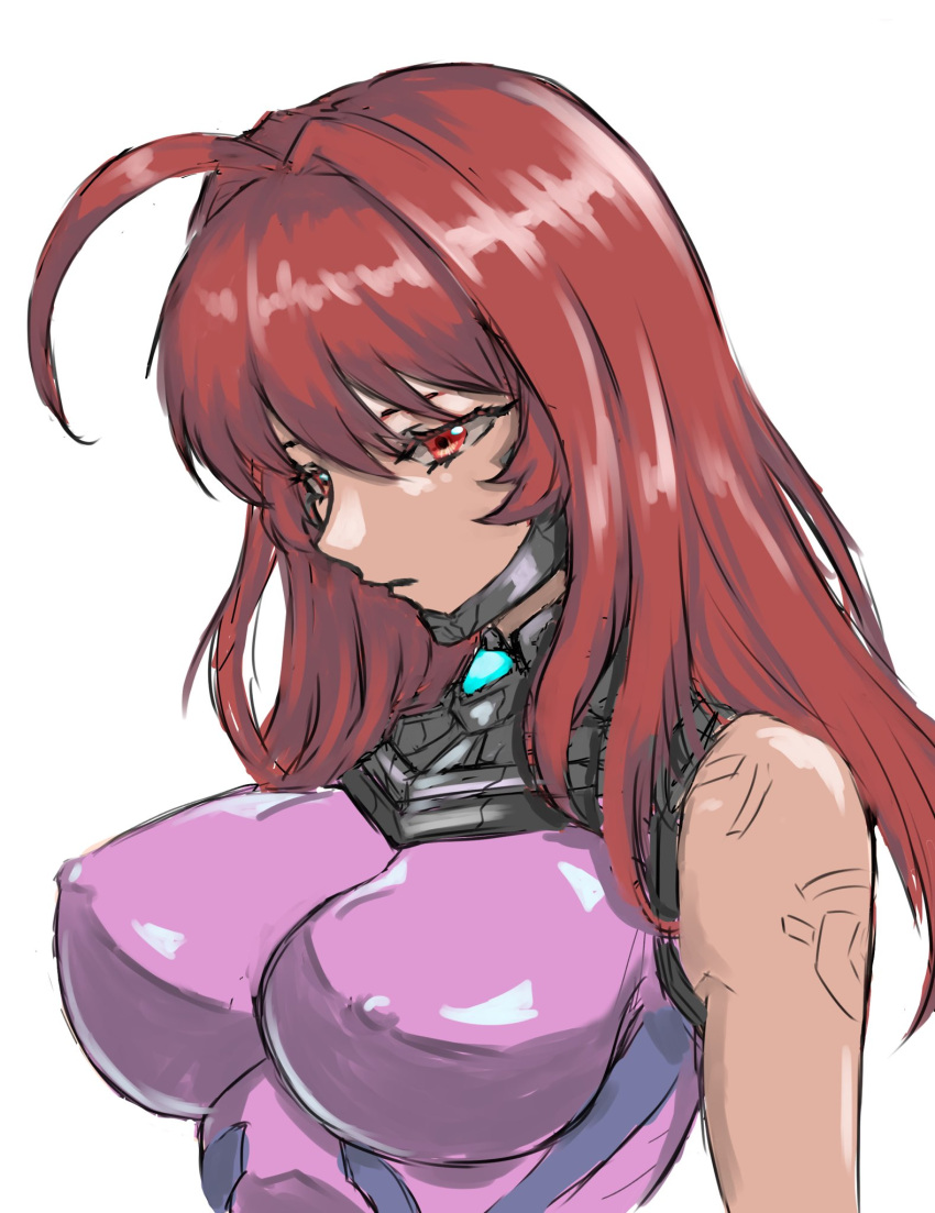 ahoge arm_markings bodysuit breasts covered_nipples female hair_down hair_intakes highres kagami_sumika large_breasts long_hair mota_saru muv-luv muv-luv_alternative pilot_suit pink_bodysuit red_eyes red_hair solo upper_body