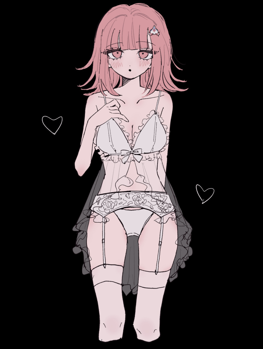 :o bare_arms bare_shoulders black_background blush breasts cleavage collarbone cropped_legs danganronpa_(series) danganronpa_2:_goodbye_despair female galaga garter_belt hair_ornament hand_up heart highres lingerie medium_hair nanami_chiaki panties pink_eyes raamensusure simple_background solo thighhighs underwear white_panties white_thighhighs