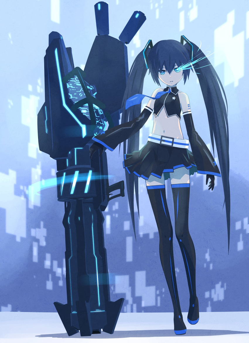 32zzz arm_tattoo black_gloves black_hair black_rock_shooter black_rock_shooter_(character) black_rock_shooter_(character)_(cosplay) black_skirt black_thighhighs blue_eyes blue_necktie cannon cosplay crossover detached_sleeves flaming_eye gloves hair_between_eyes hatsune_miku highres huge_weapon long_hair long_sleeves miniskirt necktie rock_cannon skirt tattoo thighhighs twintails vocaloid weapon