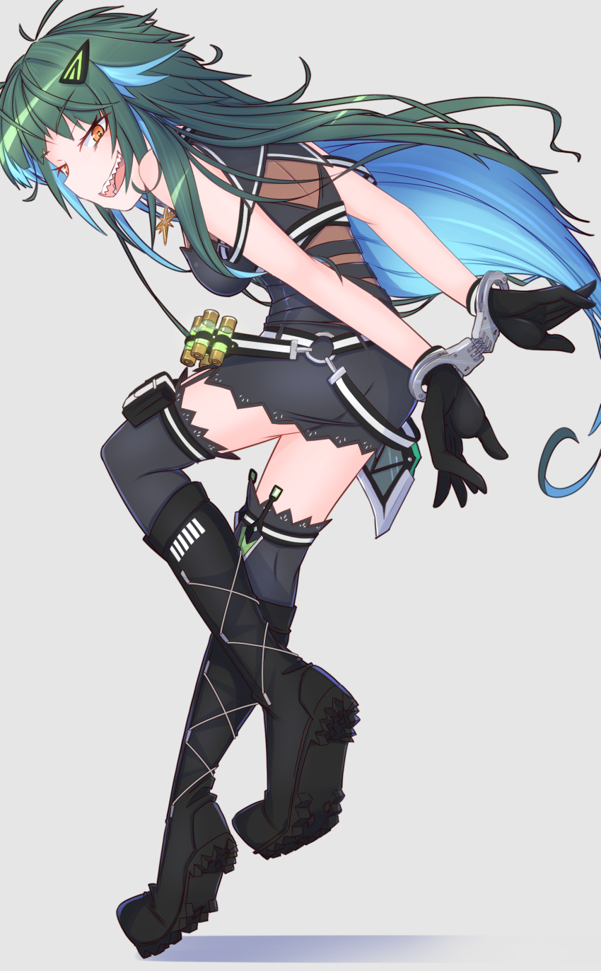 :d absurdres arms_behind_back bare_shoulders blue_hair boots bound bound_wrists colored_inner_hair cuffs female full_body grey_background grey_hair hair_ornament hairclip handcuffs highres kitakoji_hisui long_hair menou_74 messy_hair multicolored_hair nijisanji orange_eyes pouch sharp_teeth smile solo teeth thigh_pouch thighhighs two-tone_hair very_long_hair virtual_youtuber