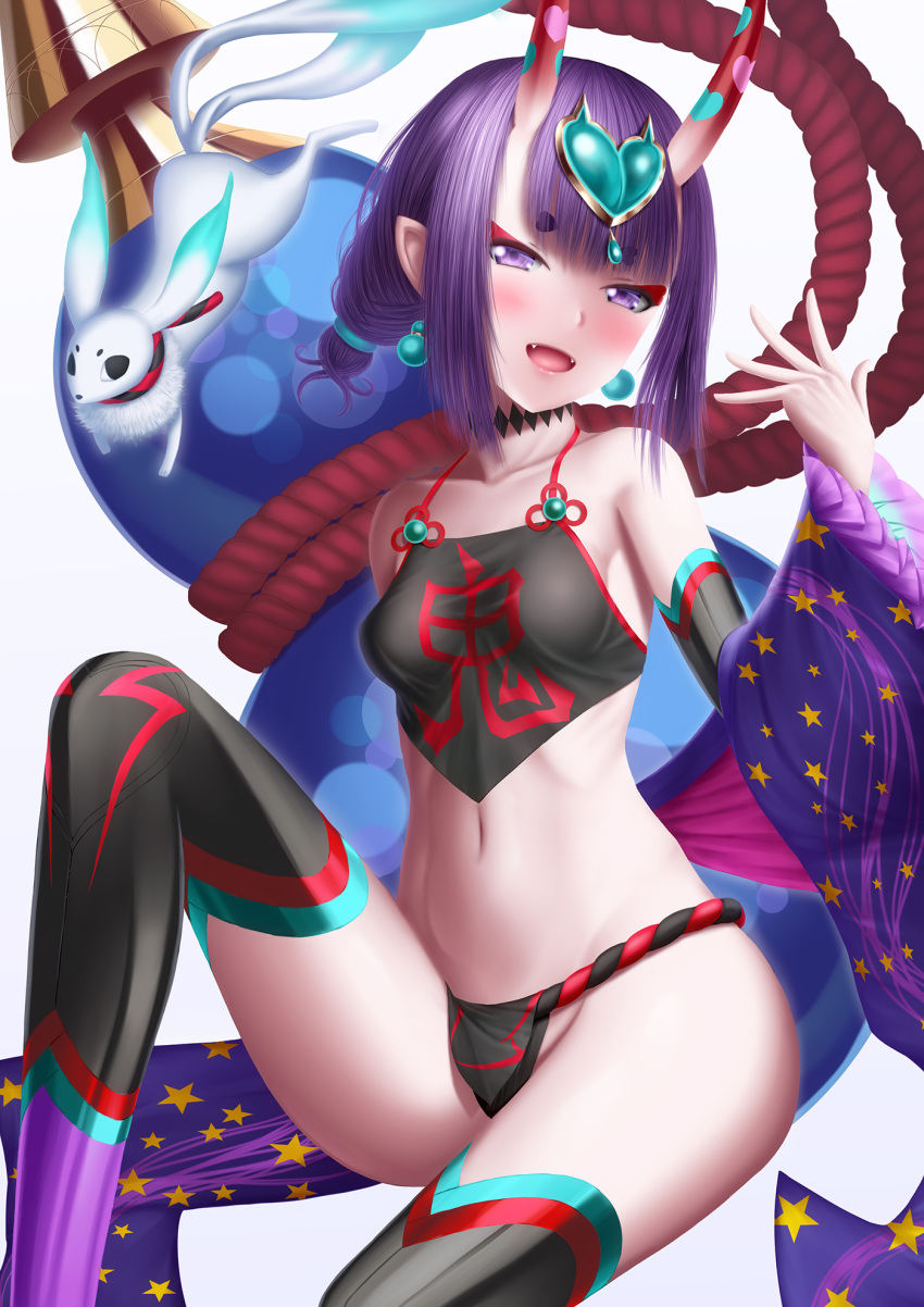 animal bare_shoulders black_fundoshi black_thighhighs blush breasts chinese_clothes collarbone detached_sleeves dudou earrings eyeliner fate/grand_order fate_(series) female forehead_jewel fundoshi gourd haku_(fate) highres horns japanese_clothes jewelry looking_at_viewer low_twintails makeup masatoki medium_breasts navel oni open_mouth pointy_ears purple_eyes purple_hair rope short_hair short_twintails shuten_douji_(fate) shuten_douji_(halloween_caster)_(fate) skin-covered_horns smile thighhighs thighs twintails