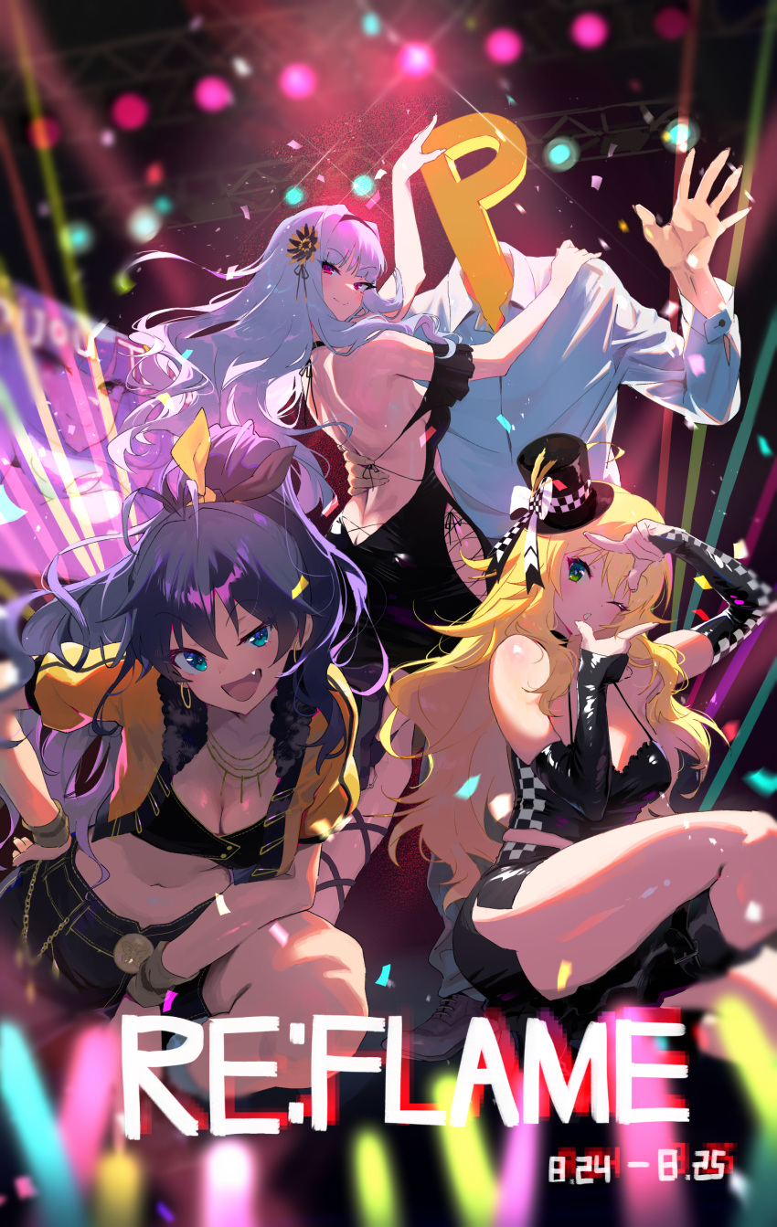 1boy 3girls ;o absurdres back backless_dress backless_outfit black_dress black_footwear black_hair blonde_hair boots breasts bridal_gauntlets butt_crack cleavage crop_top cropped_jacket dress finger_frame ganaha_hibiki grey_hair highres hip_vent hoshii_miki idolmaster idolmaster_(classic) knee_boots laser looking_at_viewer median_furrow medium_breasts midnamana multiple_girls oerba_yun_fang one_eye_closed p-head_producer producer_(idolmaster) project_fairy_(idolmaster) shijou_takane shirt shorts side_slit side_slit_shorts smug stage_lights white_shirt