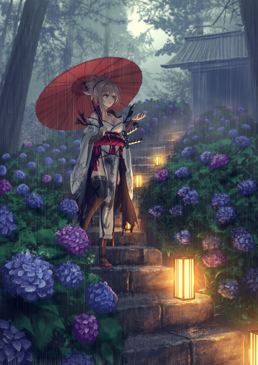 asagi_futsuka bare_shoulders black_thighhighs blue_eyes blue_flower breasts commentary_request fate/grand_order fate/samurai_remnant fate_(series) flower forest grey_kimono hand_up highres holding holding_umbrella hut japanese_clothes katana kimono large_breasts miyamoto_musashi_(fate) nature off_shoulder oil-paper_umbrella outdoors pelvic_curtain pink_hair ponytail purple_flower rain red_umbrella sheath sheathed single_sidelock stairs stone_stairs sword thighhighs umbrella umbrella_over_shoulder walking weapon