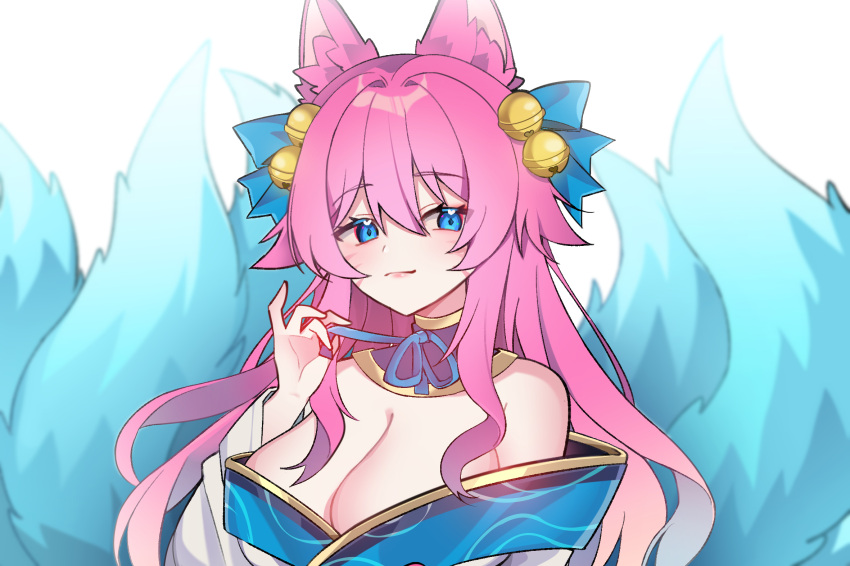 ahri_(league_of_legends) animal_ears bare_shoulders bell blue_collar blue_eyes blue_ribbon blue_tail blurry blurry_background blush breasts cleavage closed_mouth collar commentary detached_collar facial_mark female fox_ears fox_girl fox_tail hair_bell hair_between_eyes hair_ornament hair_ribbon heart heart_in_eye highres huge_breasts japanese_clothes kimono league_of_legends light_smile long_hair looking_at_viewer multiple_tails neck_ribbon official_alternate_costume official_alternate_hair_color pelicana pink_hair pink_lips ribbon simple_background solo spirit_blossom_ahri symbol_in_eye tail upper_body whisker_markings white_background white_kimono