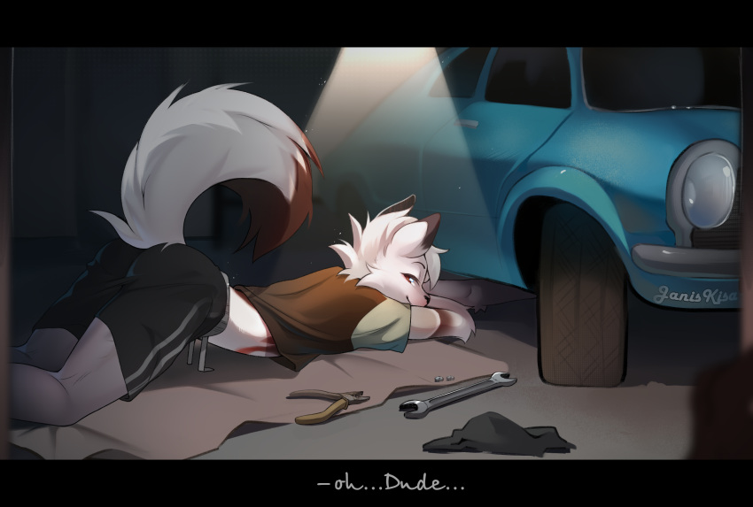 anthro big_tail blue_car bottomwear canid canine car clothed clothing detailed_background digital_drawing_(artwork) digital_media_(artwork) dude_(dudeanon) english_text fluffy fluffy_tail ford ford_maverick fur garage hair headlights hi_res janiskisa looking_at_viewer male mammal multicolored_body nut_(hardware) red_eyes shirt shorts signature smile solo tail text tire tools topwear vehicle white_body white_fur wrench