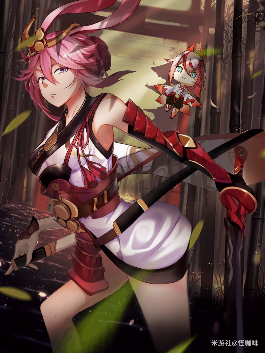 2girls absurdres animal_ears armor blue_eyes breasts brown_sky cang_lan_ba closed_mouth floating fox_ears fox_girl fox_tail hair_bun hair_ornament highres higokumaru holding holding_sword holding_weapon honkai_(series) honkai_impact_3rd japanese_armor japanese_clothes katana kimono long_sleeves looking_at_viewer medium_breasts multiple_girls multiple_tails multiple_torii outdoors pink_hair purple_eyes sheath sheathed single_hair_bun sword tail torii weapon white_kimono yae_sakura yae_sakura_(flame_sakitama)