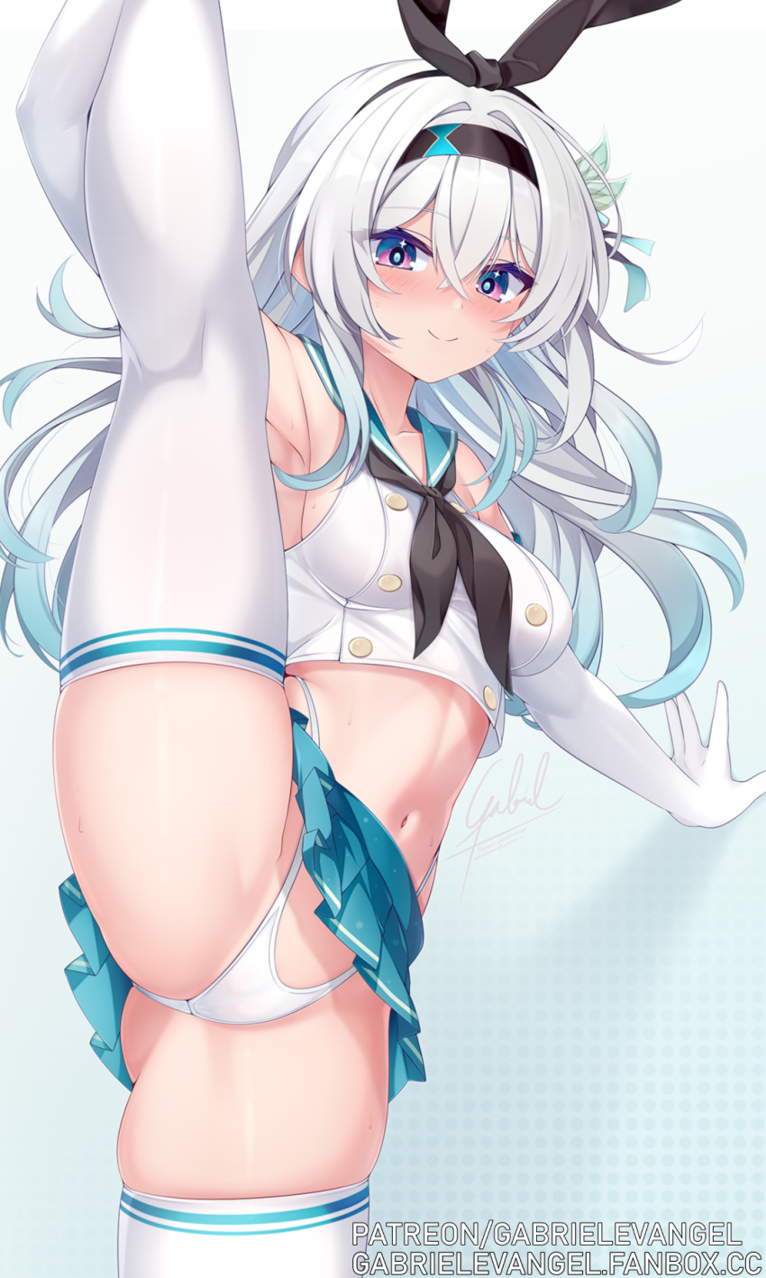 against_wall aqua_sailor_collar aqua_skirt armpits black_hairband black_neckerchief blush breasts cameltoe closed_mouth cosplay crop_top elbow_gloves female firefly_(honkai:_star_rail) gabriel_evangel gloves hair_between_eyes hair_ornament hairband hand_on_wall highleg highleg_panties highres honkai:_star_rail honkai_(series) kantai_collection light_frown looking_at_viewer medium_breasts microskirt navel neckerchief outstretched_arms paid_reward_available panties purple_eyes rabbit_hair_ornament sailor_collar shimakaze_(kancolle) shimakaze_(kancolle)_(cosplay) skindentation skirt solo split standing standing_on_one_leg standing_split stomach striped_clothes striped_thighhighs thighhighs thong underwear white_gloves white_hair white_panties white_thighhighs