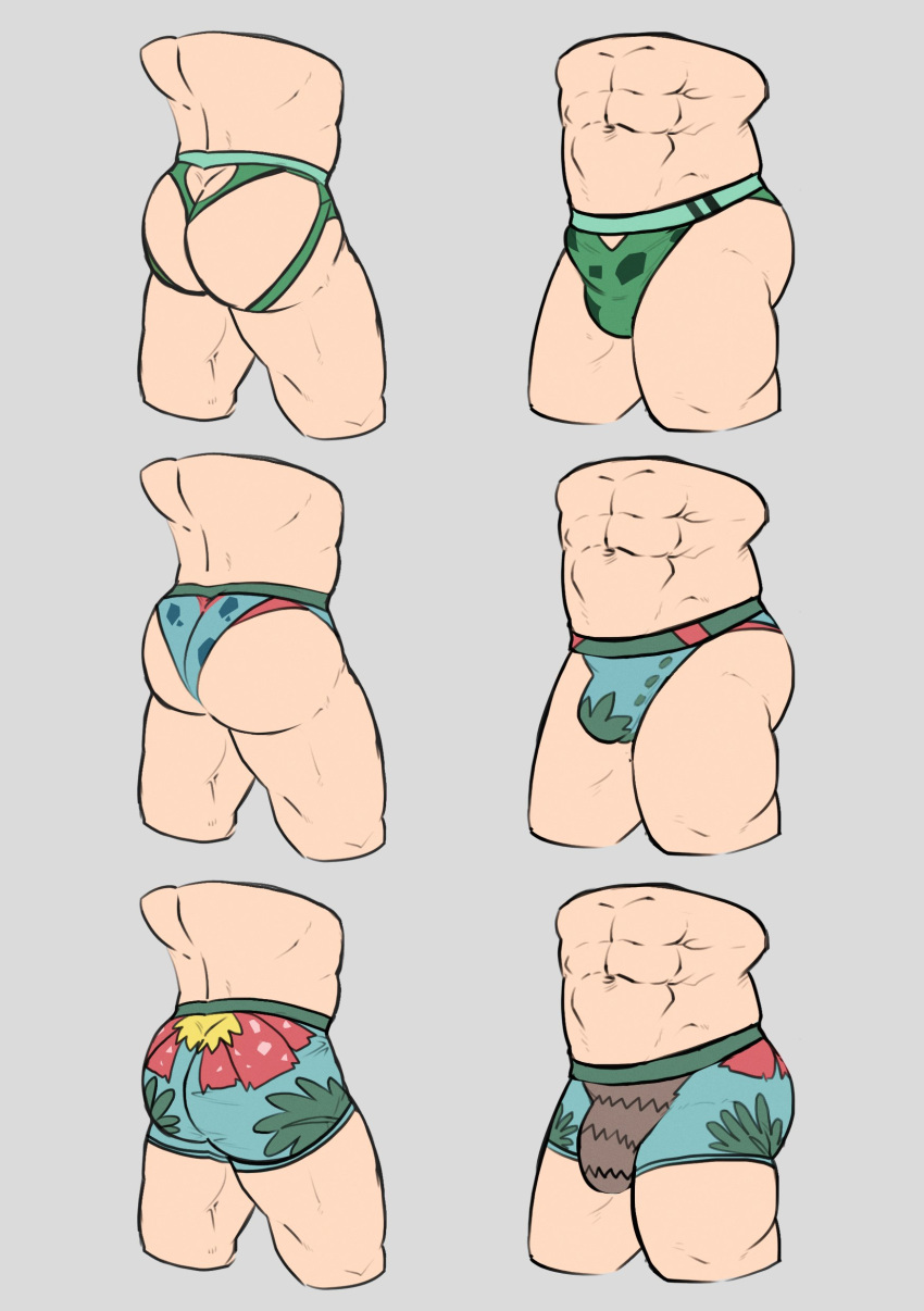 1boy abs absurdres ass bara bikini briefs bulbasaur bulge deny_hanamura grey_background highres huge_ass ivysaur jockstrap male_focus male_underwear manly mature_male pokemon simple_background swimsuit thick_thighs thighs thong thong_bikini underwear venusaur