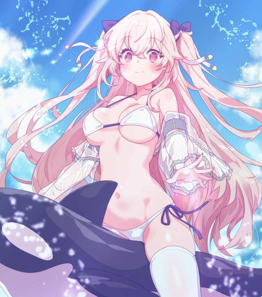 anchorage_(azur_lane) anchorage_(dolphins_and_swim_lessons)_(azur_lane) arbiter1 arm_belt azur_lane bikini black_ribbon blue_sky blush breasts closed_mouth cloud cloudy_sky collarbone commentary_request day female fingernails hair_between_eyes hair_ribbon heart highres large_breasts long_hair looking_at_viewer mixed-language_commentary nail_polish navel orca outdoors pink_eyes pink_nails ribbon riding see-through see-through_sleeves side-tie_bikini_bottom sky smile splashing stomach swimsuit thighs two_side_up white_bikini white_sleeves