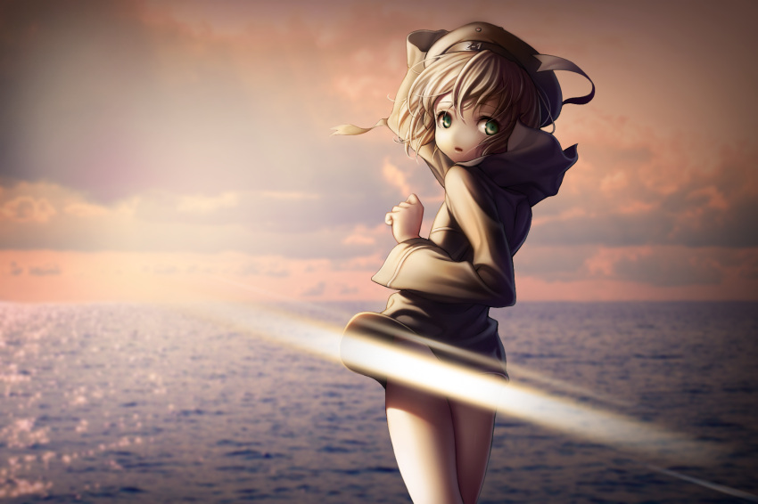 ass brown_hair commentary_request dress female green_eyes hat henkyou_(e-f-frontier.net) highres horizon kantai_collection light_censor looking_at_viewer looking_back ocean outdoors parted_lips sailor_dress sailor_hat short_hair sky solo twilight wind wind_lift z1_leberecht_maass_(kancolle)