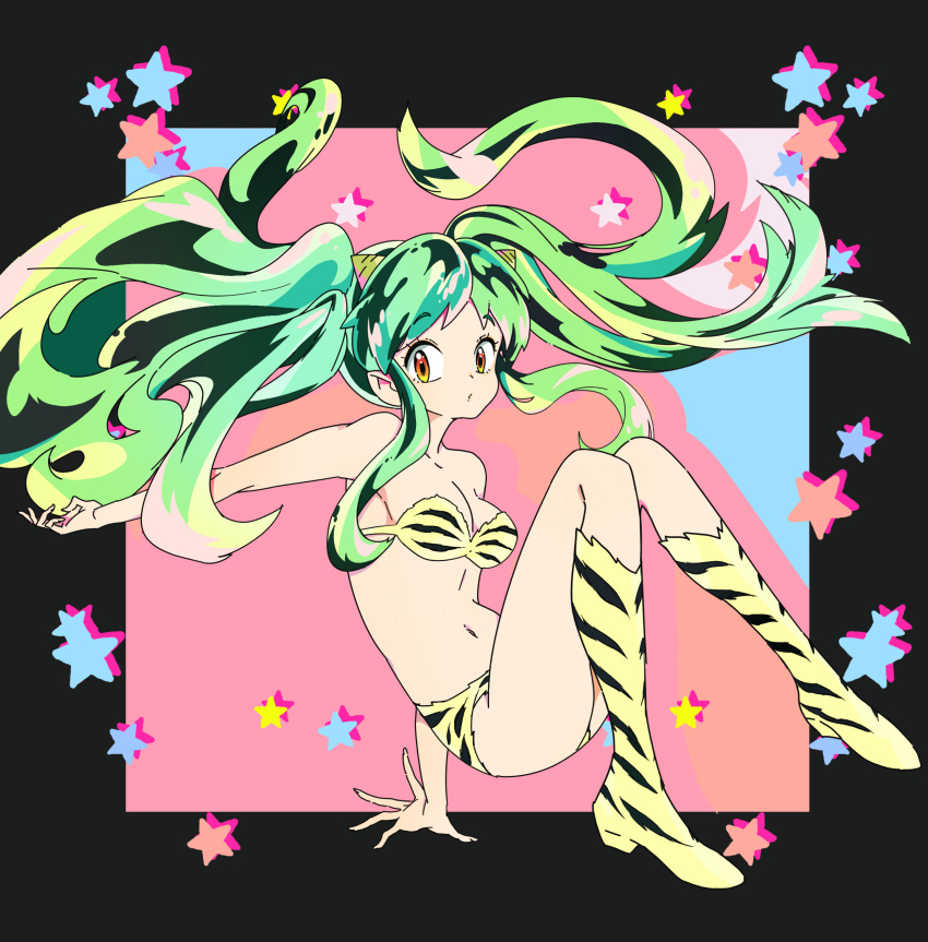 absurdres animal_print bikini boots breasts cone_horns expressionless female full_body green_hair highres horns long_hair looking_at_viewer lum navel oni orange_eyes print_bikini print_footwear shirayujk small_breasts solo strapless strapless_bikini swimsuit tiger_print twintails_day urusei_yatsura