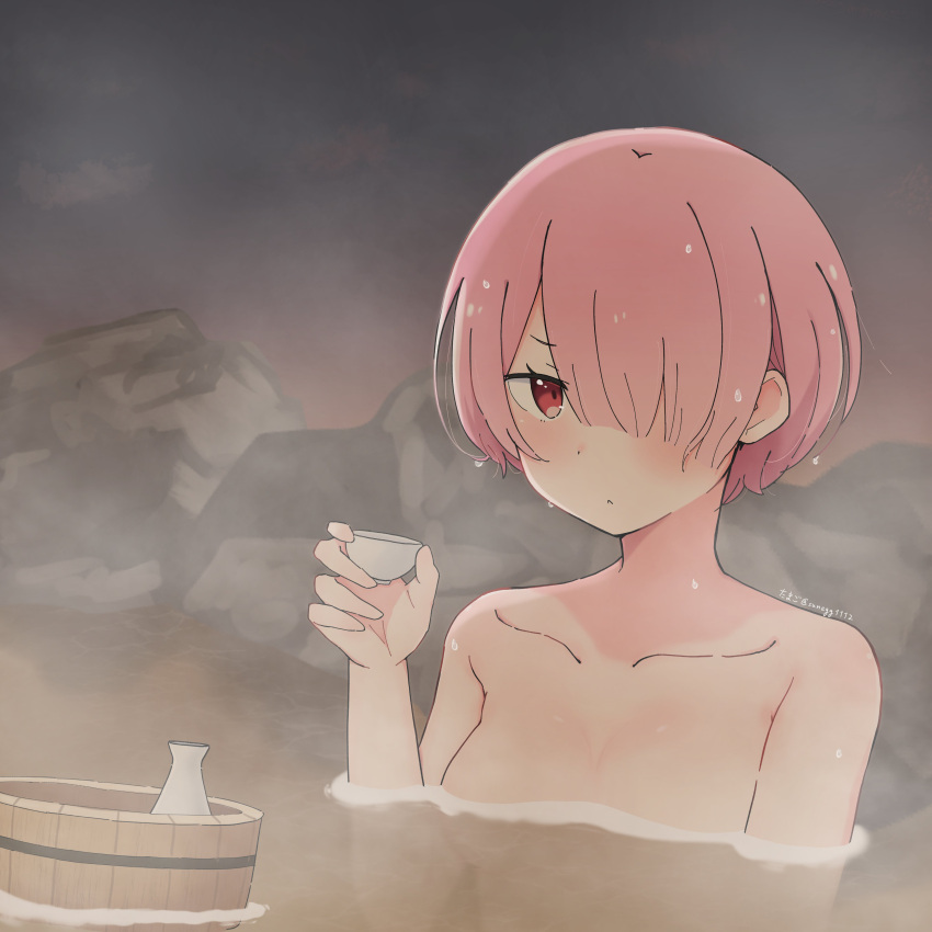 absurdres alcohol artist_name blush breasts bucket choko_(cup) closed_mouth collarbone completely_nude cup female hair_over_one_eye highres holding holding_cup looking_at_viewer medium_breasts nude onsen partially_submerged pink_hair ram_(re:zero) re:zero_kara_hajimeru_isekai_seikatsu red_eyes rock short_hair solo steam sunegg1112 tokkuri twitter_username upper_body wet wet_hair wooden_bucket