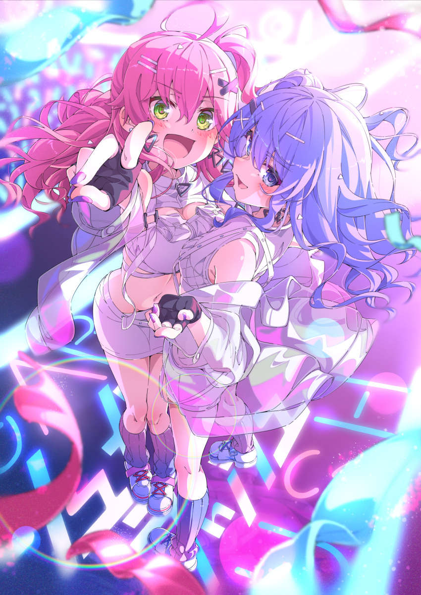 2girls absurdres ahoge ama_rei black_gloves blue_eyes blue_hair blush breasts commentary crop_top fingerless_gloves floating_hair full_body gloves hair_between_eyes hair_ornament highres hololive hoshimachi_suisei index_finger_raised lens_flare long_hair looking_at_viewer micomet_(hololive) midriff miniskirt multiple_girls nail_polish navel open_mouth pointing pointing_at_viewer purple_nails sakura_miko shirt shoes shorts skirt smile sneakers stage standing sugar_rush_(hololive) virtual_youtuber white_shirt white_shorts white_skirt x_hair_ornament