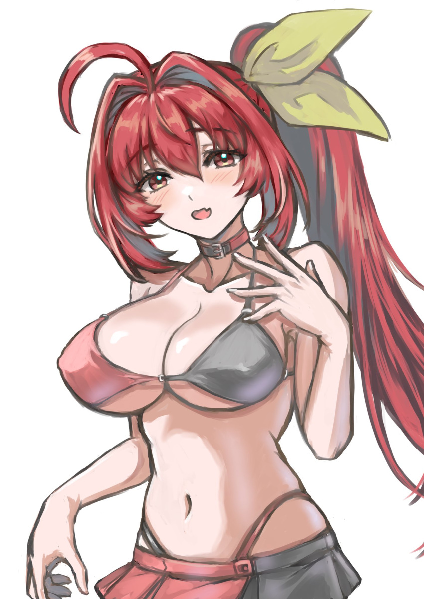 ahoge alternate_costume alternate_hairstyle bikini black_bikini blush bow breasts choker high_ponytail highres kagami_sumika large_breasts long_hair looking_at_viewer mota_saru muv-luv navel open_mouth pink_bikini red_eyes red_hair swimsuit very_long_hair yellow_bow