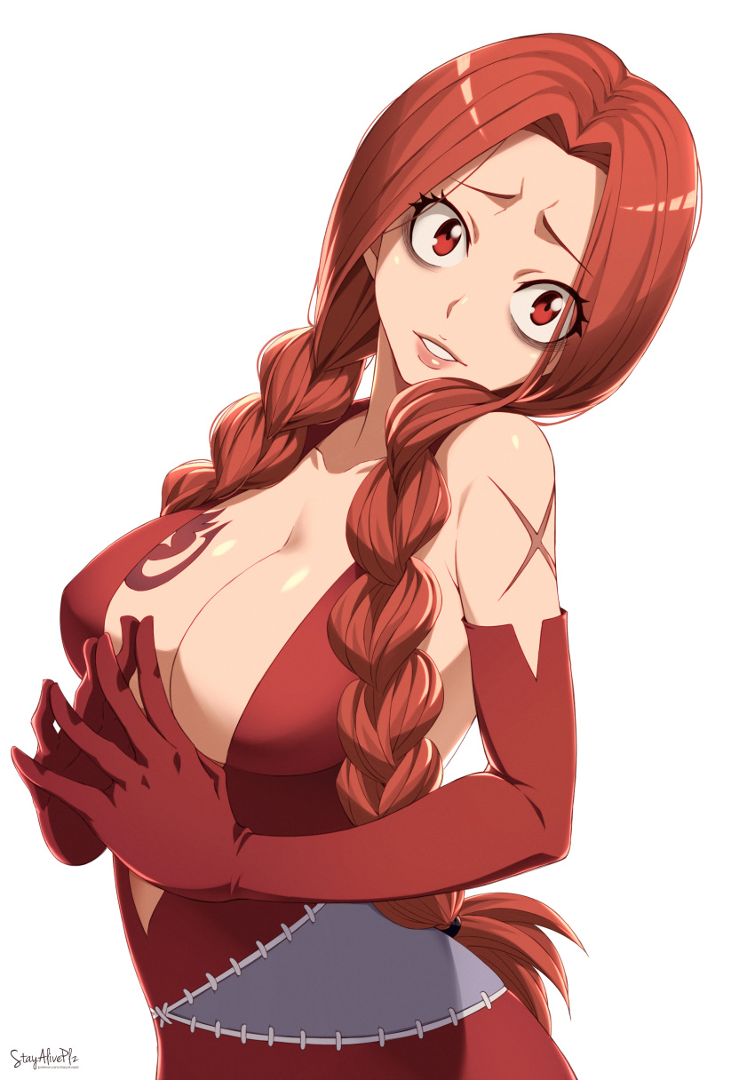 absurdres arm_above_head bare_shoulders braid breast_tattoo breasts cleavage clothing_aside crazy_eyes cross_scar dress dress_aside elbow_gloves fairy_tail female flare flare_corona gloves highres large_breasts long_hair looking_at_viewer red_dress red_eyes red_gloves red_hair scar scar_on_shoulder simple_background smile solo stayaliveplz tattoo twin_braids twintails white_background