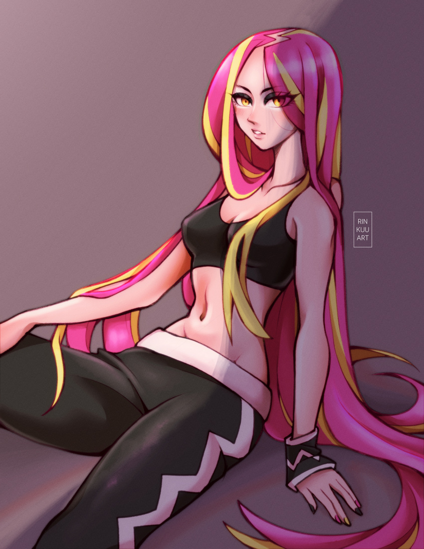 absurdres artist_logo blonde_hair breasts collarbone eyeshadow female hair_down highres long_hair looking_at_viewer makeup medium_breasts midriff multicolored_hair multicolored_nails navel pink_hair plumeria_(pokemon) pokemon pokemon_sm rinkuu_art sitting solo team_skull two-tone_hair very_long_hair wristband yellow_eyes