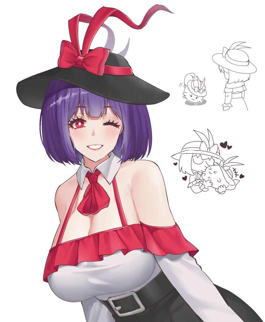 alternate_costume aroevela ascot black_hat breasts cleavage female hat hat_ribbon highres large_breasts looking_at_viewer nagae_iku one_eye_closed purple_eyes purple_hair red_ascot red_eyes red_ribbon ribbon smile solo touhou upper_body white_background