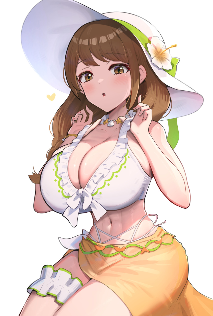 :o absurdres bikini braid braided_ponytail breasts bridal_garter brown_hair cleavage commentary_request female fire_emblem fire_emblem_engage fire_emblem_heroes flower flower_hat frilled_bikini frills goldmary_(fire_emblem) goldmary_(summer)_(fire_emblem) gonzarez hat highres huge_breasts long_hair looking_at_viewer mole mole_on_breast navel official_alternate_costume sarong simple_background skindentation solo swimsuit thighs white_background white_bikini white_flower white_hat