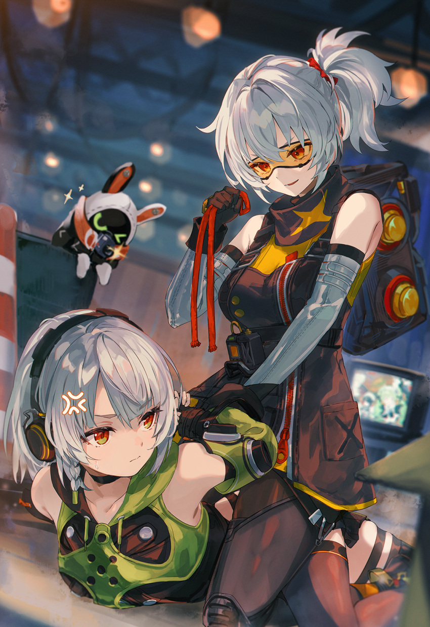 2girls anby_demara anger_vein arm_held_back arms_behind_back bangboo_(zenless_zone_zero) black_choker black_gloves black_headphones black_thighhighs breasts choker gloves green_jacket green_sleeves grey_hair grey_sleeves hair_tie highres jacket looking_at_another makihitsuji medium_breasts multiple_girls open_mouth orange-tinted_eyewear outdoors red_eyes short_hair sleeveless sleeveless_jacket soldier_11_(zenless_zone_zero) straddling thighhighs tinted_eyewear traffic_cone yellow-tinted_eyewear zenless_zone_zero