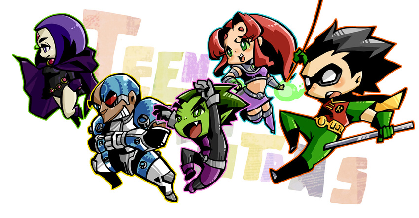 2girls 3boys alien beast_boy_(dc) black_hair bodysuit boots cape cartoon_network chibi cloak copyright_name cyborg cyborg_(dc) dark_skin dc_comics dick_grayson domino_mask escrima_stick flying garfield_logan gloves green_eyes green_hair green_skin leotard mask midriff multiple_boys multiple_girls purple_hair raven_(dc) red_hair robin_(dc) rope skirt smile starfire teen_titans thigh_boots thighhighs victor_stone