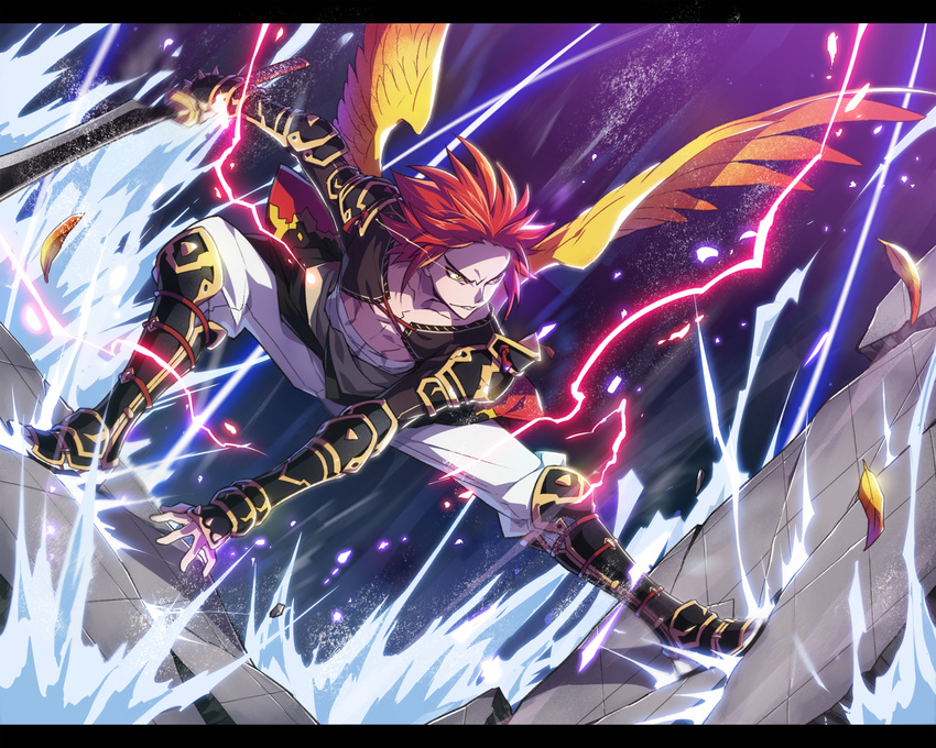 1boy angry boots commentary_request fighting_stance full_body knee_boots kyousaku letterboxed male_focus mygrimoire pants red_hair solo squatting sword topless_male waka-sama_(mygrimoire) weapon wings yellow_eyes