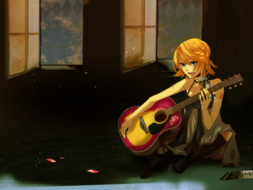 acoustic_guitar blonde_hair blue_eyes boots dress female guitar instrument kagamine_rin photoshop_(medium) short_hair sitting smile solo tokyo-to_rock_city_(vocaloid) vocaloid yucco