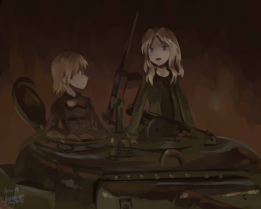 2girls artist_name blonde_hair blue_eyes commentary_request crossover dark dated girls_und_panzer goggles goggles_around_neck gun highres kanokoga kay_(girls_und_panzer) long_hair looking_at_another m16a4_(upotte!!) m26_pershing machine_gun military military_uniform military_vehicle motor_vehicle multiple_girls photoshop_(medium) saunders_military_uniform submachine_gun tank thompson_submachine_gun uniform upotte!! weapon