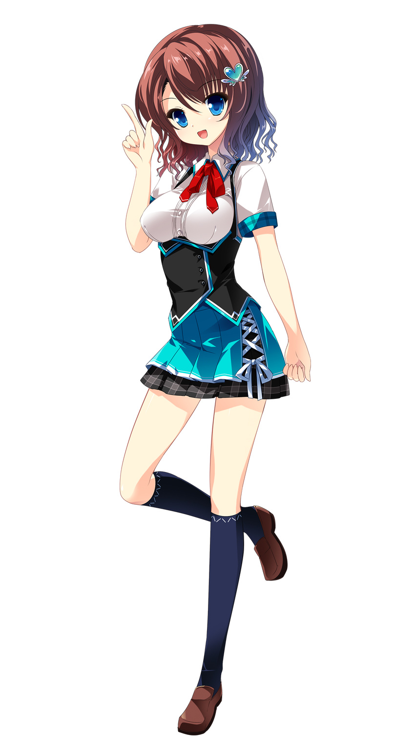 :d absurdres blue_eyes blue_socks brown_hair cocoro@function! female full_body hair_ornament hairclip heart highres hinata_momo index_finger_raised kneehighs official_art open_mouth school_uniform short_hair smile socks solo standing standing_on_one_leg transparent_background yuzuriha_hijiri