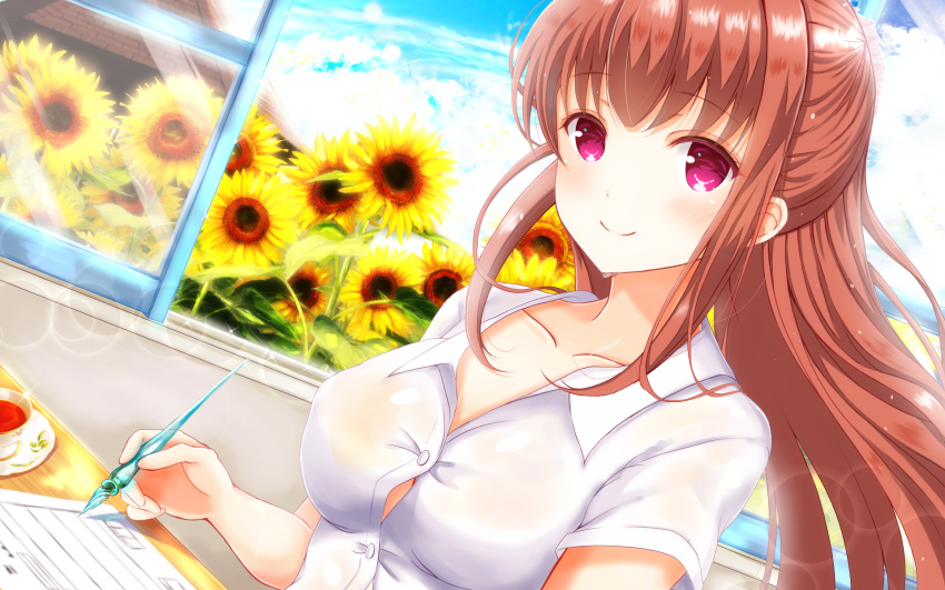 amatsu_kanata blue_sky breasts brown_hair cloud cloudy_sky collarbone collared_shirt commentary_request covered_nipples cup day dutch_angle female flower girlfriend_(kari) half_updo highres holding holding_pen indoors lens_flare long_hair looking_at_viewer masa_(mirage77) no_bra partial_commentary pen red_eyes see-through shirt short_sleeves sidelocks sitting sky smile solo sunflower sunlight sweat tea teacup tight_clothes uniform upper_body wet wet_clothes white_shirt window