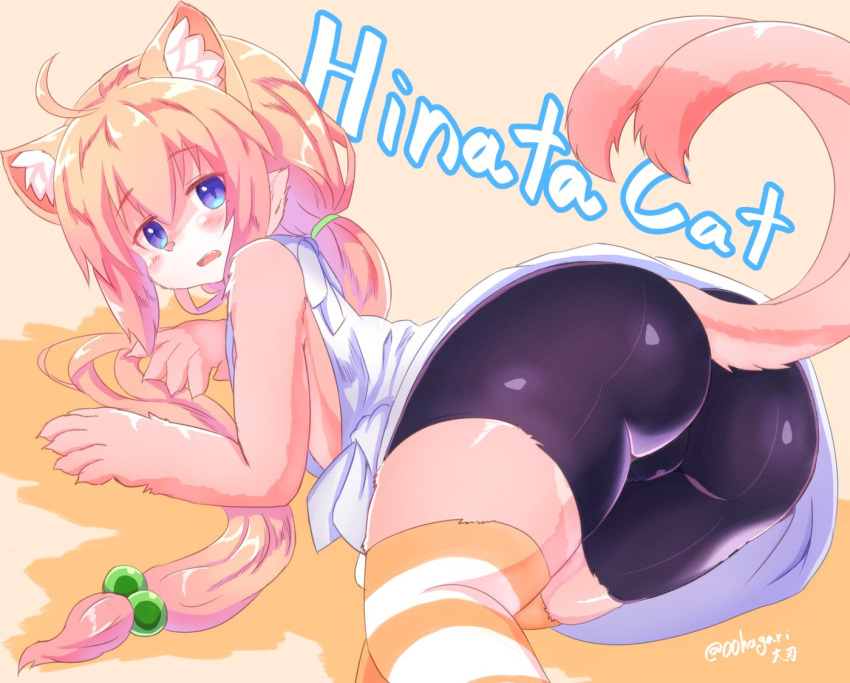 ass blue_eyes blush feline female furry hinata_cat long_hair looking_at_viewer multiple_tails ooba_jun pink_hair shy solo tail two_tails