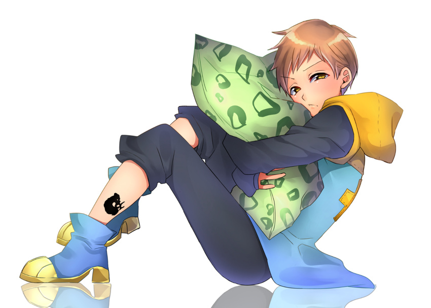 1boy bad_id bad_pixiv_id brown_hair full_body high_heels highres hood hoodie king_(nanatsu_no_taizai) looking_at_viewer maianh male_focus nanatsu_no_taizai pants pants_rolled_up pillow solo white_background yellow_eyes