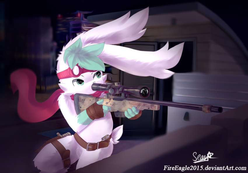 aiming anthro awp belt clothing door eyewear fingerless_gloves fur generation_4_pokemon glasses gloves gloves_(marking) gun handwear hi_res holding_gun holding_object holding_ranged_weapon holding_weapon kemono knife legendary_pokemon male markings nintendo pokemon pokemon_(species) ranged_weapon rooftop scarf senz shaymin sky_forme_shaymin sniper solo standing text url weapon white_body white_fur