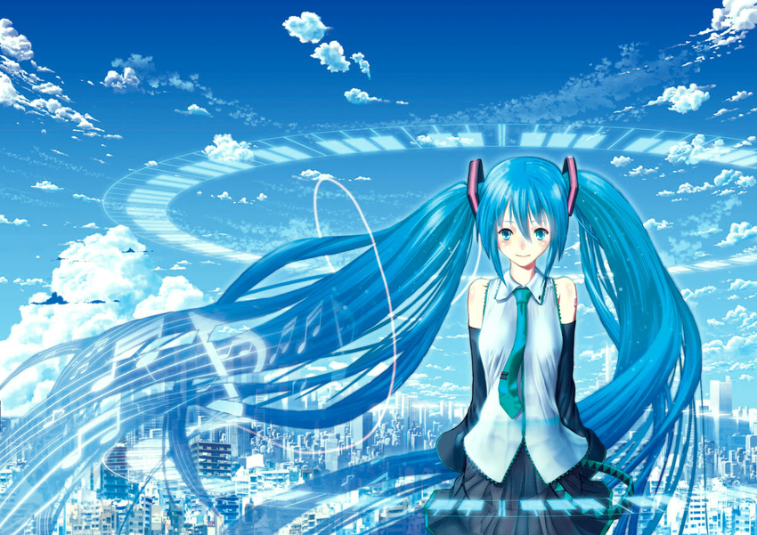 aqua_eyes aqua_hair blush cityscape cloud commentary_request day detached_sleeves female hatsune_miku long_hair necktie partial_commentary photoshop_(medium) skirt sky smile solo twintails very_long_hair vocaloid yonasawa