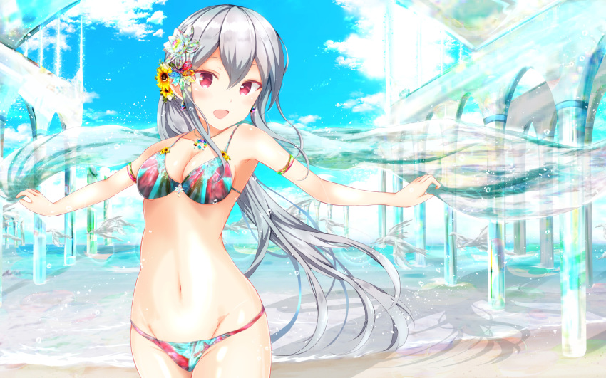 :d aqua_theme architecture armpits bare_shoulders beach bikini blue_sky blush breasts cleavage cloud cloudy_sky collarbone commentary_request day female flower girlfriend_(kari) grey_hair groin hair_flower hair_ornament highres holding jewelry long_hair masa_(mirage77) medium_breasts multicolored_bikini multicolored_clothes navel necklace ocean open_mouth outdoors partial_commentary ponytail red_eyes shawl shigeto_akiho sky smile solo sparkle standing sunflower swimsuit yellow_flower