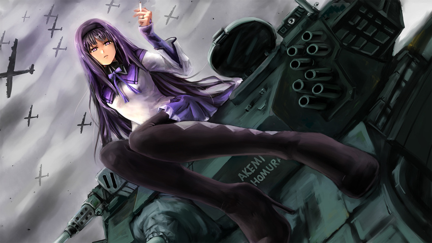 aircraft airplane akemi_homura akemi_homura_(magical_girl) argyle_clothes argyle_legwear b-52_stratofortress bad_id bad_pixiv_id black_hair black_pantyhose bookseve boots cigarette female hairband high_heels highres long_hair magical_girl mahou_shoujo_madoka_magica mahou_shoujo_madoka_magica_(anime) military military_vehicle motor_vehicle pantyhose photoshop_(medium) purple_eyes shoes solo tank thigh_boots thighhighs type_99_tank