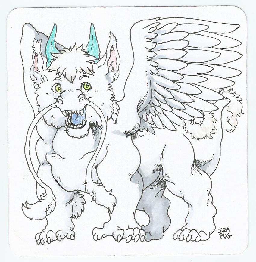 angel_dragon barbel_(anatomy) blue_tongue chibi claws dragon feathered_dragon feathered_scalie feathered_wings feathers feral flesh_whiskers green_eyes happy hi_res horn iza_pug male mythological_creature mythological_scalie mythology scalie sckhar sharp_teeth simple_background smile solo tail teeth tongue white_background white_body wings young