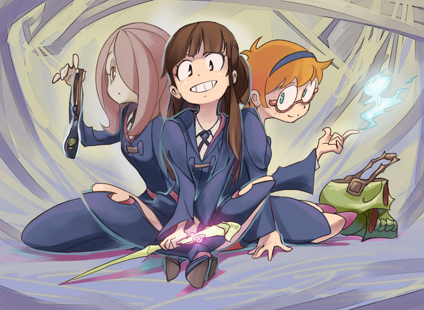 3girls boots brown_hair commentary_request glasses grin hair_over_one_eye hairband indian_style kagari_atsuko little_witch_academia lotte_jansson multiple_girls orange_hair pale_skin photoshop_(medium) simonori sitting smile sucy_manbavaran wand