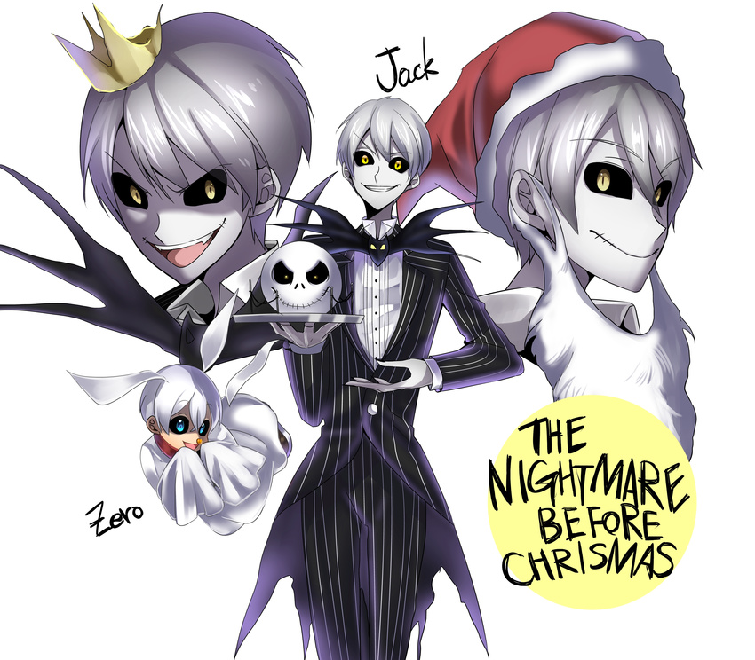 1boy absurdres animification bad_id bad_pixiv_id blue_eyes character_name copyright_name crown english_text engrish_text fake_beard fake_facial_hair grey_hair grin hat highres jack_skellington looking_at_viewer maianh open_mouth personification ranguage santa_hat short_hair simple_background smile the_nightmare_before_christmas typo white_background white_hair yellow_eyes zero_(nbc)