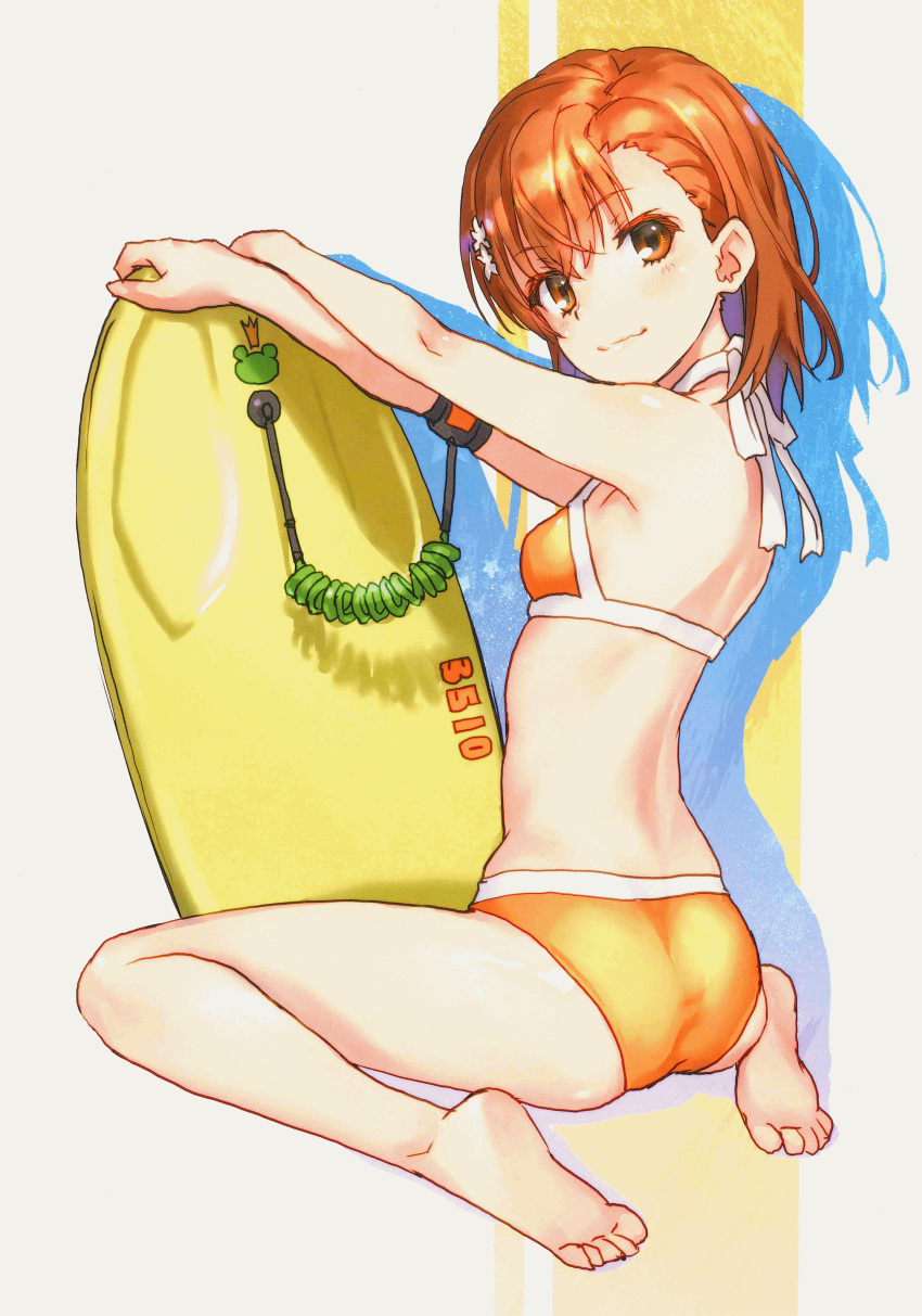 absurdres ass barefoot bikini blush bodyboard breasts brown_eyes brown_hair female flower from_behind full_body hair_flower hair_ornament highres looking_at_viewer looking_back misaka_mikoto navel orange_bikini raika9 scan short_hair sitting small_breasts smile solo surfboard_leash swimsuit toaru_kagaku_no_railgun toaru_majutsu_no_index