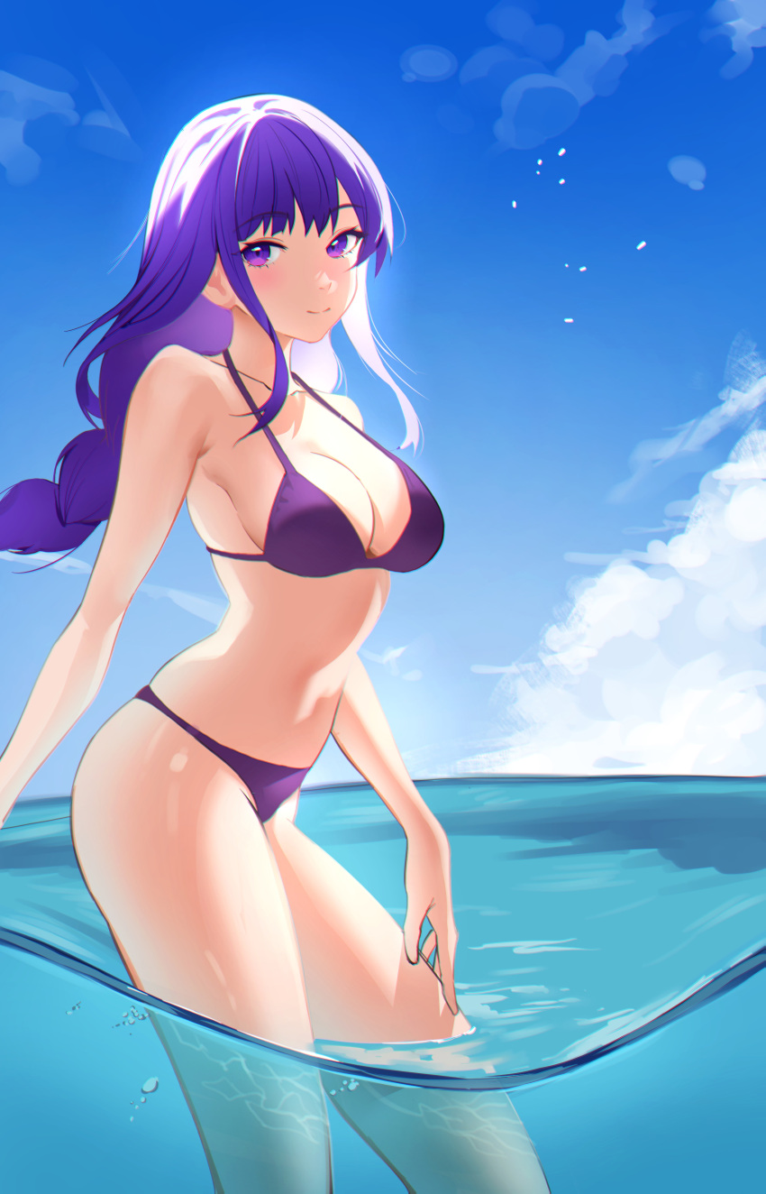 absurdres bikini blush braid breasts chromatic_aberration cleavage closed_mouth cloud cloudy_sky commentary day english_commentary female genshin_impact halterneck highres large_breasts long_hair looking_at_viewer mole mole_under_eye ocean outdoors partially_submerged pat_bharasarn purple_eyes purple_hair raiden_shogun sky smile solo standing string_bikini swimsuit