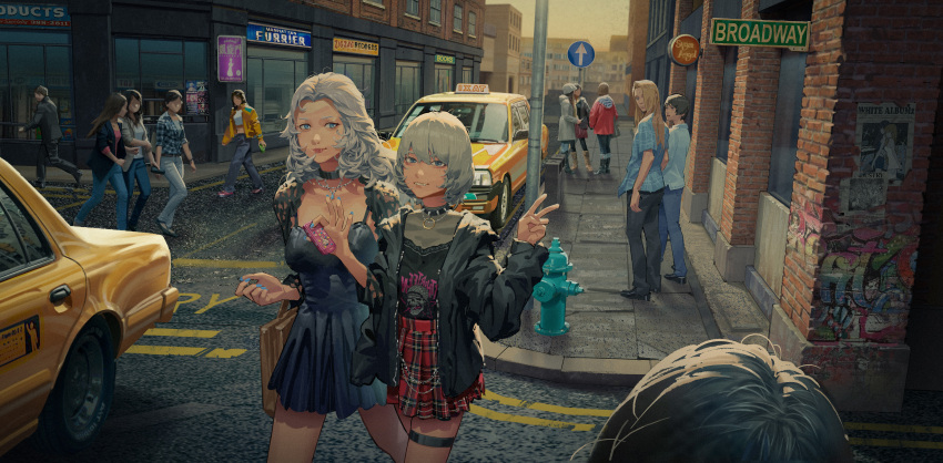 absurdres alternate_universe bag car casual cellphone choker contemporary distracted_boyfriend_(meme) dress fandaniel final_fantasy final_fantasy_xiv gaia_(ff14) graffiti grey_hair handbag highres meme motor_vehicle phone pleated_skirt poster_(object) road ryne_waters skirt smartphone spiked_choker spikes street taxi venat_(ff14) warrior_of_light_(ff14) yurayura zenos_yae_galvus