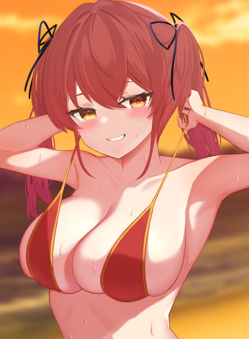 absurdres bikini bikini_pull black_ribbon blurry blurry_background blush breasts cleavage clothes_pull collarbone female gold_trim grin hair_ribbon hands_up heterochromia highres hololive houshou_marine houshou_marine_(summer) large_breasts long_hair nannann official_alternate_costume red_bikini red_eyes red_hair ribbon skindentation sky smile solo sunset swimsuit teeth twintails untied_bikini upper_body virtual_youtuber wet yellow_eyes yellow_sky