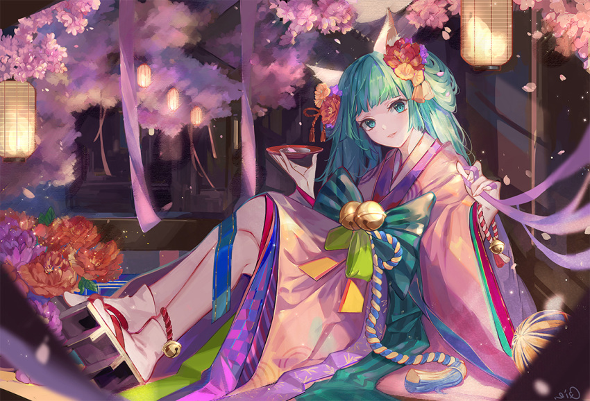 alternate_costume animal_ears aqua_bow aqua_eyes bell blunt_bangs bow cherry_blossoms commentary crossed_legs cup eyelashes female flower fox_ears full_body geta hair_flower hair_ornament hatsune_miku huge_bow japanese_clothes kemonomimi_mode kimono lantern long_hair long_sleeves looking_at_viewer night obi outdoors parted_lips peony_(flower) pink_flower pink_kimono pink_ribbon purple_flower qie red_flower ribbon sakazuki sash signature sitting smile solo striped striped_bow tabi tree twintails very_long_hair vocaloid white_legwear wide_sleeves yellow_flower