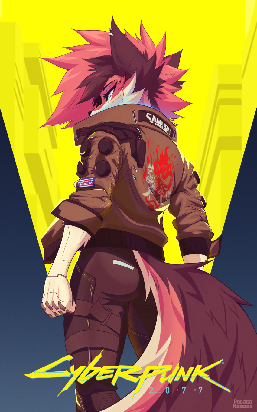 2022 5:8 5_fingers absurd_res anthro artist_name ass blue_eyes bottomwear canid canine cd_projekt_red clothing cyberpunk cyberpunk_2077 digital_media_(artwork) emblem english_text female fingers fist fox fur hi_res jacket mammal multicolored_body multicolored_fur pants potatokamaos solo streetwear techwear text title topwear v_(cyberpunk_2077)