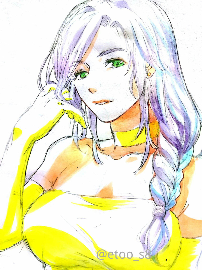 braid breasts dress earrings elbow_gloves faris_scherwiz female final_fantasy final_fantasy_5 gloves green_eyes highres jewelry large_breasts long_hair looking_at_viewer purple_hair sarisa_highwind_tycoon simple_background solo toutoumi white_background