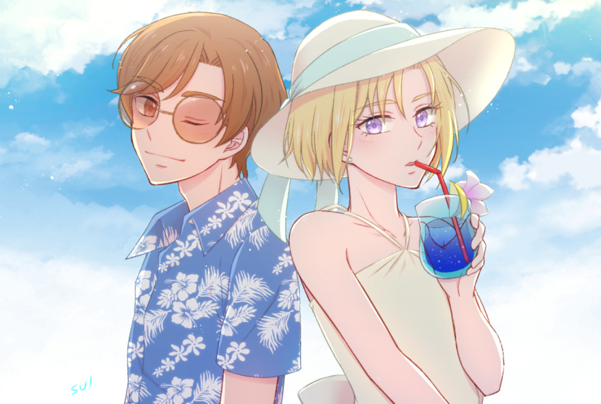 2boys aisaki_masato bare_shoulders bishounen blonde_hair brown_eyes brown_hair criss-cross_halter drink drinking floral_print halterneck hat hawaiian_shirt hugtto!_precure looking_at_viewer male_focus multiple_boys one_eye_closed precure print_shirt purple_eyes shirt smile sui_(w_number2) sun_hat sunglasses wakamiya_henri