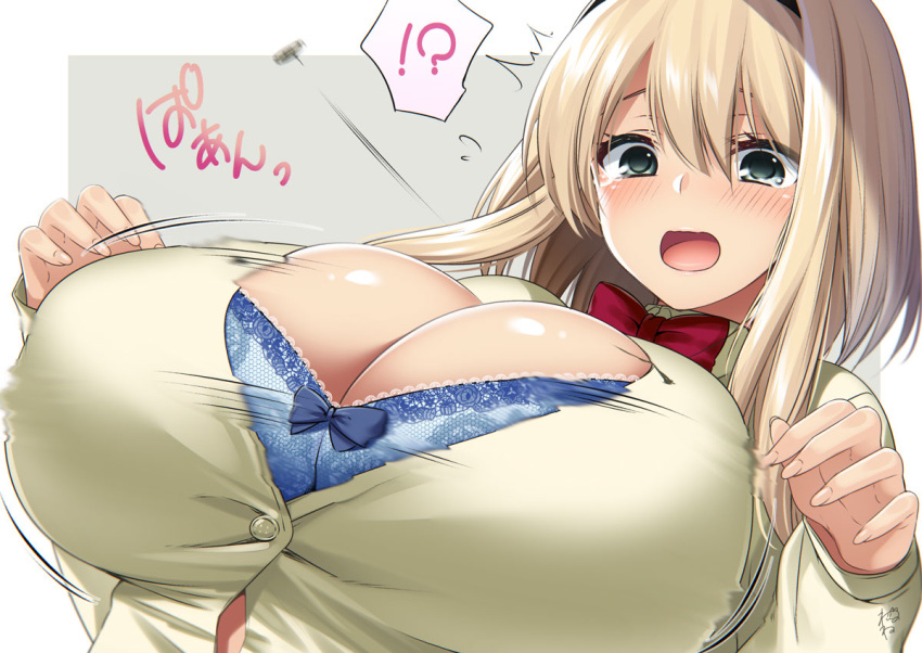 blonde_hair bouncing_breasts bra breasts bursting_breasts button_gap cleavage female hairband huge_breasts large_breasts looking_at_breasts open_clothes open_mouth original popped_button ribbon standing surprised suzuki_nene tearing_up underwear uniform